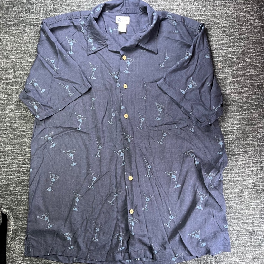 Cherokee Button Up Shirt Mens XL Navy Martini Glass Graphic Rayon Short Sleeve